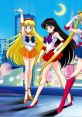 Sailor Moon and her friends pose in colorful outfits against a city skyline, capturing the spirit of the iconic anime series.