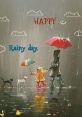 Happy rainy day scene with a child, adult, and dogs under colorful umbrellas, splashing in puddles. Fun and cheerful vibes!