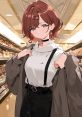 Stylish character with short reddish-brown hair, wearing a casual outfit with suspenders, in a modern store setting.