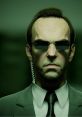 Agent Smith, a menacing figure in a suit and sunglasses, represents control and authority in a digital world.