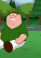 Peter Griffin (Classic, Version 2.0) sitting outdoors, wearing a green shirt, with a frustrated expression amid trees.