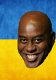 Smiling face superimposed on a Ukraine flag background, capturing a humorous and cheerful vibe. Perfect for "Hehe" memes.