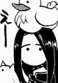 Character with long black hair and a playful duck on her head, depicting a humorous scene in a manga style.