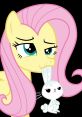 Fluttershy con su conejo, expresando ternura y confusión en estilo animado de My Little Pony. Ideal para fans en español.