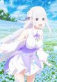 Anime character in a field of flowers, joyfully enjoying a sunny day, featuring long white hair and a purple dress.