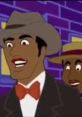 Two animated characters, one in a suit and bow tie, in a vibrant urban setting, showcasing a stylish retro vibe.