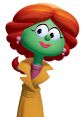 Petunia Rhubarb with vibrant red hair and green skin, wearing a yellow coat, showcases a cheerful cartoon character style.