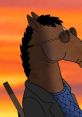 BoJack Horseman in sunglasses against a sunset, showcasing his iconic, moody character style from the animated series.