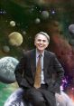 Carl Sagan smiling in a cosmic backdrop with planets, representing his contributions to astronomy and science communication.