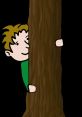 Young boy playfully peeking from behind a large tree, showcasing fun and curiosity in a whimsical cartoon style.