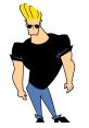 Johnny Bravo striking a pose, showcasing his signature blonde hair, sunglasses, and muscular build in casual attire.