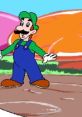 Luigi from Hotel Mario smiling with arms open, set against a colorful, cartoonish background with vibrant hills.