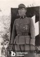 Uniformed officer at a historical rally displaying military decorations and insignia, representing the SS and World War II era.