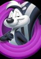 Pepe Le Pew, the charming cartoon skunk, winks playfully with a confident smile on a vibrant purple background.