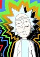 Rick Sanchez with wild spiky hair and lab coat, against a colorful, abstract background, showcasing his iconic look.