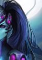 Widowmaker character portrait showcasing her striking blue skin, purple eyes, and vibrant hair against a moody background.