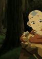 Aang, the last Airbender, relaxes in a forest, showcasing his playful personality and iconic arrow tattoo on his head.