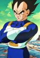 Vegeta in a confident pose, showcasing his Saiyan armor against a vibrant landscape background. Iconic Dragon Ball character.