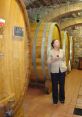 Giusy De Marco presenting in a wine cellar with large wooden barrels, showcasing her expertise in winemaking.