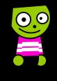 Friendly green character with large eyes, wearing a pink striped shirt, representing Dot from PBS KIDS.