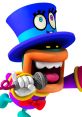 MC Ballyhoo from Mario Party 8, animated character with a colorful outfit, blue hat, and microphone, joyfully performing.