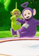 Tinky Winky and Dipsy from Teletubbies joyfully bounce on a trampoline in a vibrant, green landscape.