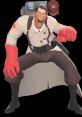 Excited Team Fortress 2 character poses with red gloves, ready to perform a comedic taunt in the game.