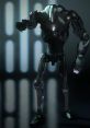 B2 Battle Droid in a menacing pose, showcasing its sleek design and advanced weaponry features in a sci-fi setting.