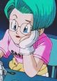 Bulma from DB, DBZ, and DBGT, featured with green hair and stylish glasses, showcasing her thoughtful expression.