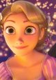 Cheerful Rapunzel with flowers in her hair, showcasing her bright eyes and signature purple dress against a magical background.