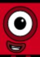 Cheerful character from Numberblocks Band, featuring a large eye and a big smile on a bright red background.