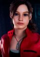 Claire Redfield from Resident Evil 2, showcasing her distinctive red jacket and iconic pendant, with blue eyes and a determined look.