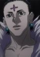 Chrollo Lucilfer from Hunter X Hunter with distinctive earrings and a cross symbol on his forehead, showcasing his character design.