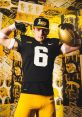 Iowa football player showcasing jersey number 6, posing with a helmet and football against a vibrant Hawkeyes backdrop.