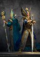 Two powerful fantasy warriors in ornate armor with magical staffs, showcasing their majestic designs and heroic stance.