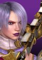 Ivy Valentine showcases fierce determination with striking features and distinctive weaponry against a vibrant purple background.