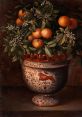 Bowl filled with oranges and leafy branches, showcasing the intricate floral patterns typical of Tomas Yepes' still-life art.