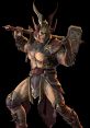 Shao Kahn from Mortal Kombat 3, showcasing his iconic armor and weaponry in a powerful battle stance.