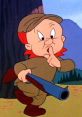 Elmer Fudd tips his hat and shushes while holding a shotgun, ready for a cartoon hunting adventure in the woods.