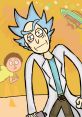 Rick Sanchez in lab coat, showcasing wild blue hair, with Morty in the background, cosmic elements add a sci-fi vibe.