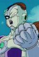 Frieza (Abridged) showing determination with a fierce expression and clenched fist against a vibrant blue background.