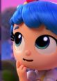 True from "True and the Rainbow Kingdom" with blue hair, pondering thoughtfully, showcasing her curious nature.