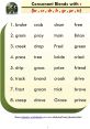 Worksheet on consonant blends with 'r' featuring examples like crab, drum, and train for phonics practice.