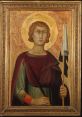 Portrait of a saint by Simone Marasini, featuring a serene expression and holding a flag, with a golden halo.