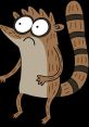 Rigby, a cartoon raccoon character, displays a humorous expression with large eyes and a striped tail, showcasing his quirky personality.