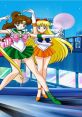 Sailor Jupiter and Sailor Venus pose together, showcasing their iconic outfits against a vibrant city backdrop.