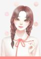 Anime-style illustration of a girl with braided hair, soft features, wearing a white shirt with a red bow, surrounded by pastel elements.