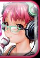 Anime girl with pink hair and glasses, wearing headphones and holding a microphone, embodying a cute, playful vibe.