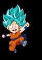 Chibi Son Goku (Abridged) with spiky turquoise hair in an orange gi, joyfully jumping with an excited expression.