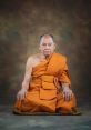 Portrait of a serene monk in an orange robe, embodying peace and wisdom in traditional Buddhist attire.